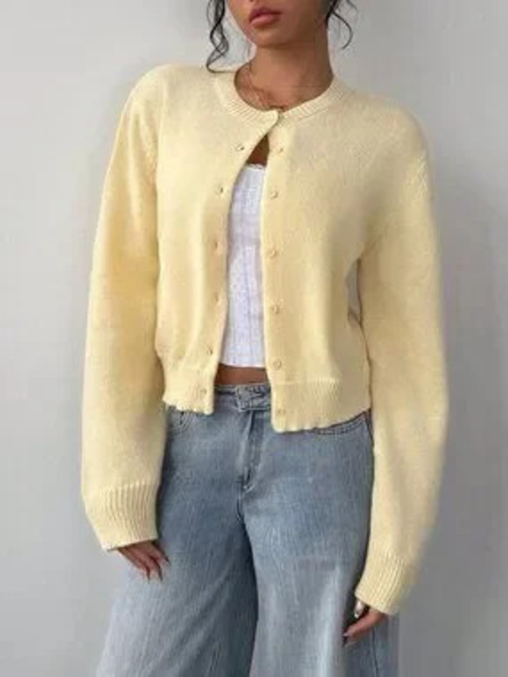 Yellow Casual Women's Round Neck Long Sleeve Cropped button down knit Cardigan